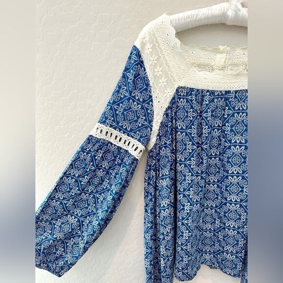 KORI AMERICA | Blue Boho Peasant Top Lace Eyelet Trim NWT | Small - Picture 3 of 8